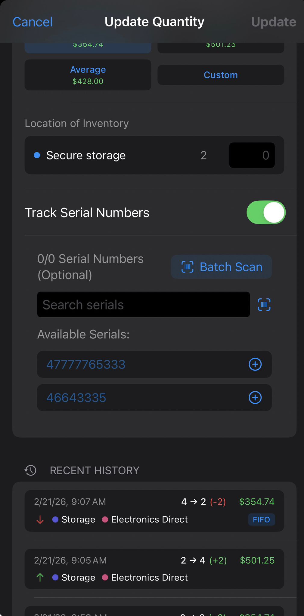 Barcode lookup screen