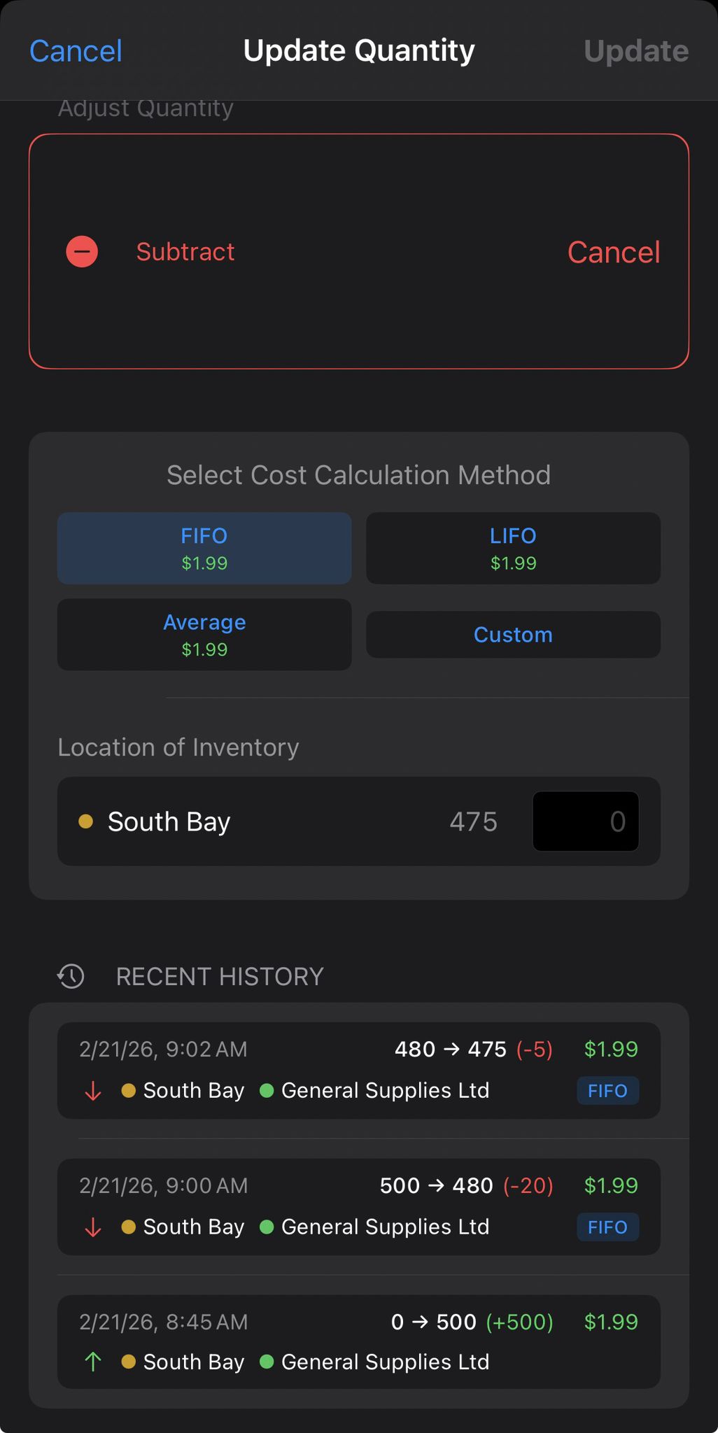 Costing method screen